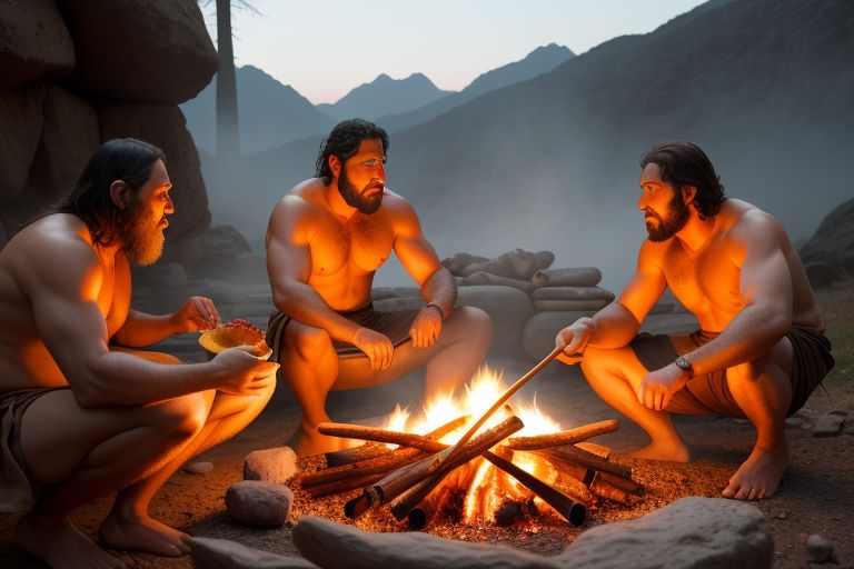 Neanderthal men sitting around a campfire and eating