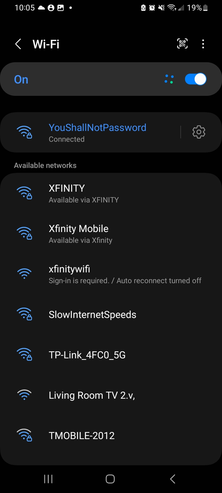 A listing of wifi networks on a phone. One of them is named YouShallNotPassword